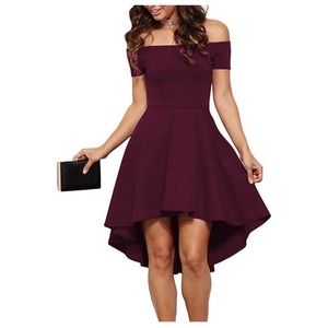 Burgundy Off The Shoulder Short Sleeve High Low Cocktail Skater Dress